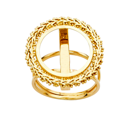Gold ring with intricate design on a white background available on the TX.ORO website.