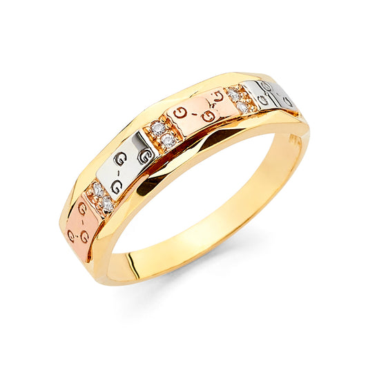 Gold ring with diamond accents on a white background