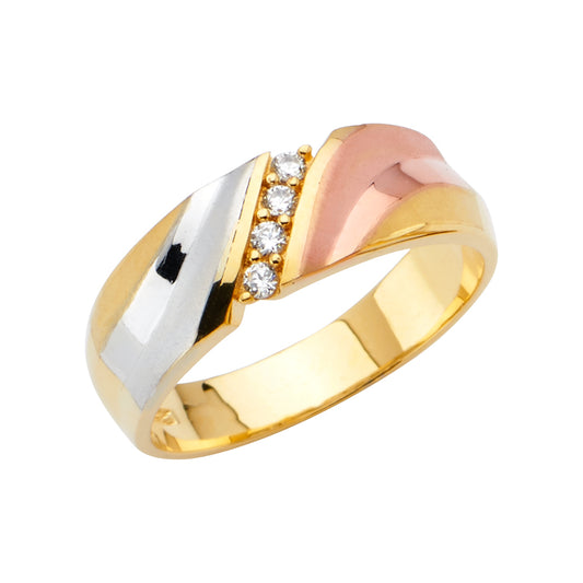 Gold ring with a diamond accent on a white background