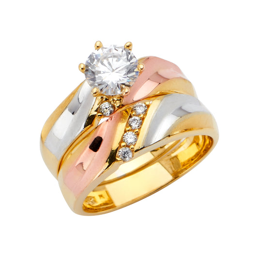 14K Tri-Color Yellow White Rose Gold Cubic Zirconia Women's Wedding Band Ring