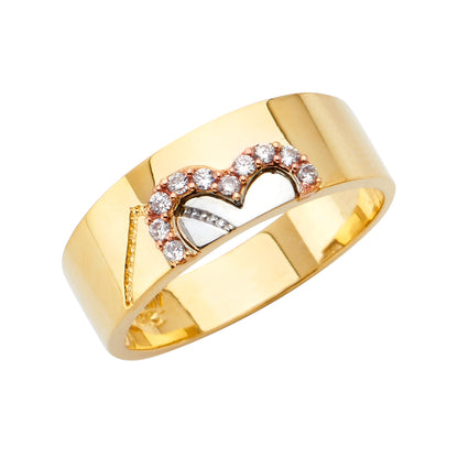 Gold ring with heart design and embedded diamonds on a white background availabe on TX.ORO website.