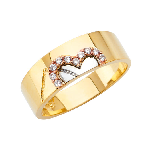 Gold ring with heart design and embedded diamonds on a white background availabe on TX.ORO website.