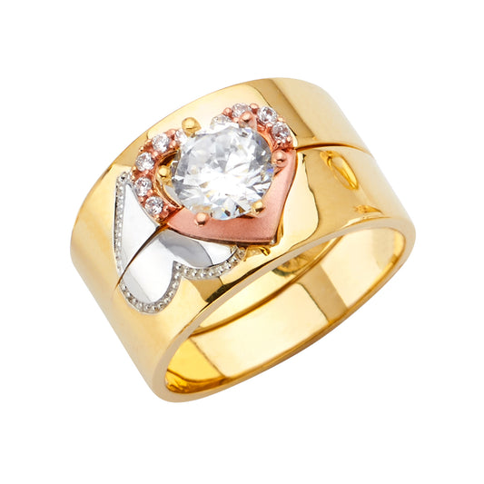 Gold ring with a central diamond and rose gold accents on a white background availabe on TX.ORO website.