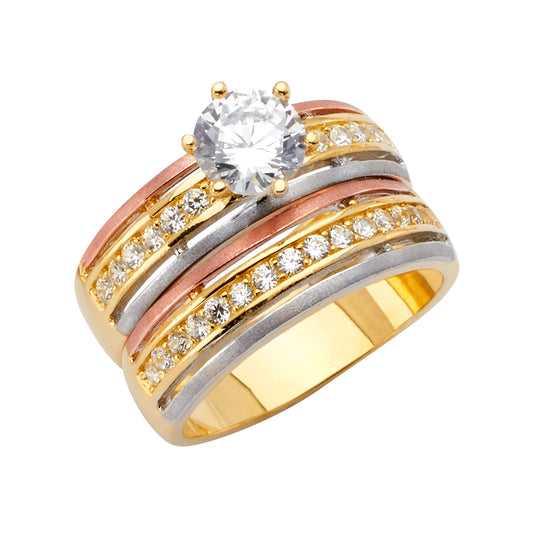 14K Tri-Color Yellow, White & Rose Gold Women's Cubic Zirconia Wedding Band Ring