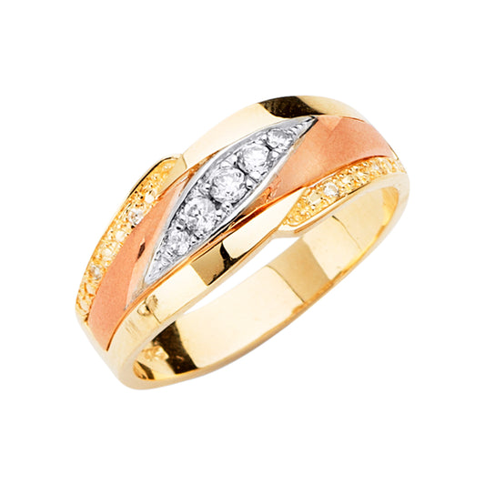 14K Tri-Color Gold Men’s Wedding Band with Cubic Zirconia - Yellow White Rose Gold Ring