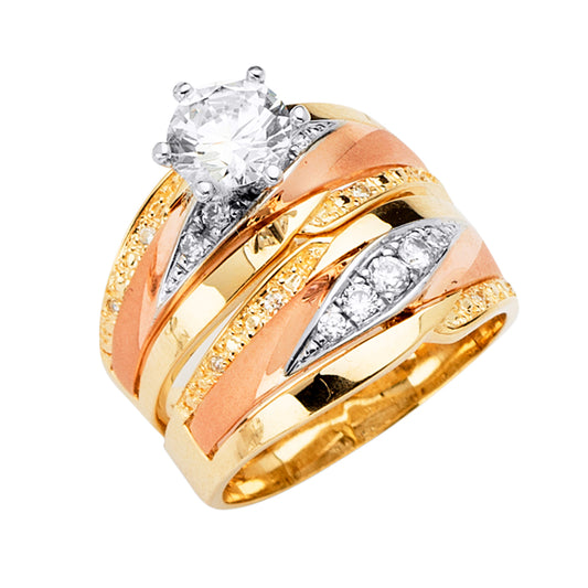 Gold and rose gold ring with diamonds on a white background
