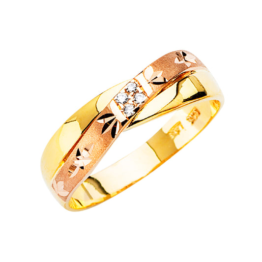 Gold ring with rose gold accents and small diamonds on a white background availabe on TX.ORO website.