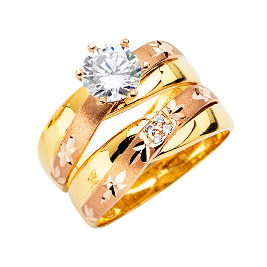 14K Tri-Color Yellow, White & Rose Gold Women's Cubic Zirconia Wedding Band