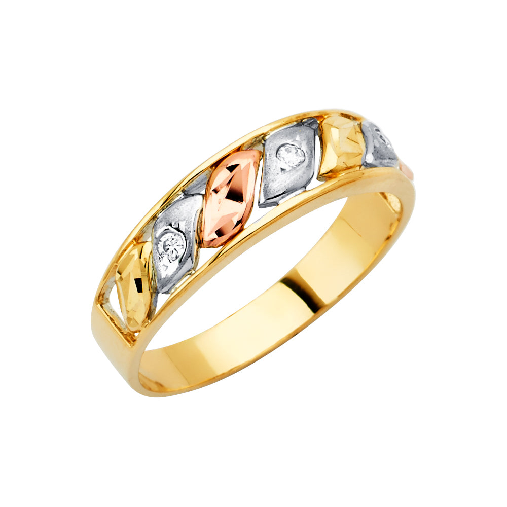Tri-color gold ring with diamond accents on a white background availabe on TX.ORO website.
