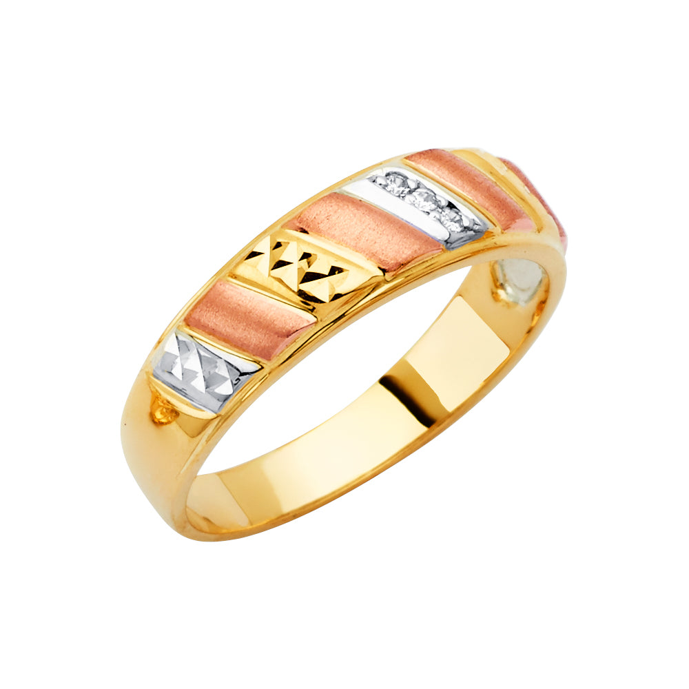 14K Tri-Color Gold Men's Cubic Zirconia Wedding Band Ring - Comfort Fit
