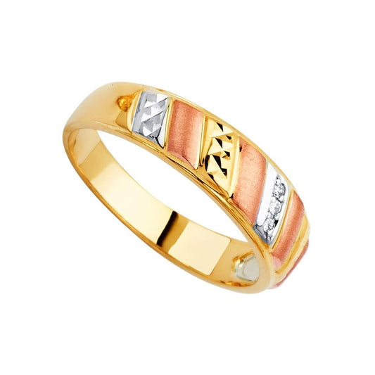 14K Tri-Color Gold Men's Cubic Zirconia Wedding Band Ring - Comfort Fit