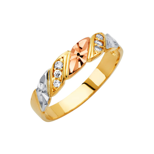 Men’s 14K Tri-Color Gold Cubic Zirconia Traditional Wedding Band - Yellow White Rose Gold