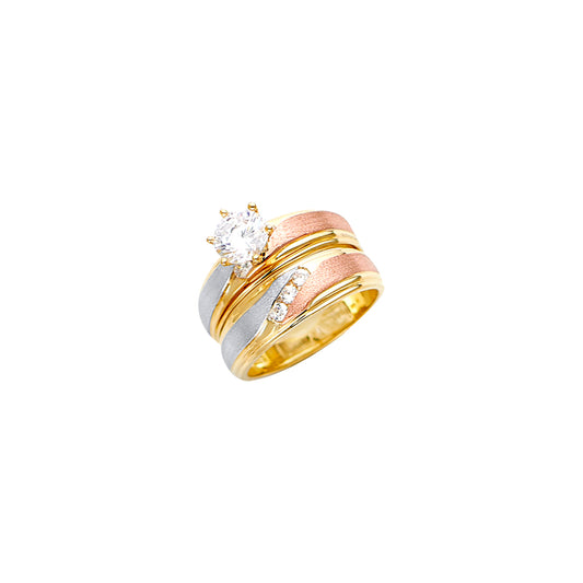 14K Tri-Color Cubic Zirconia Women's Engagement Ring - Yellow White Rose Gold Band