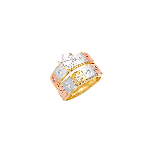 Tri-color gold ring with diamonds on a white background availabe on TX.ORO website.