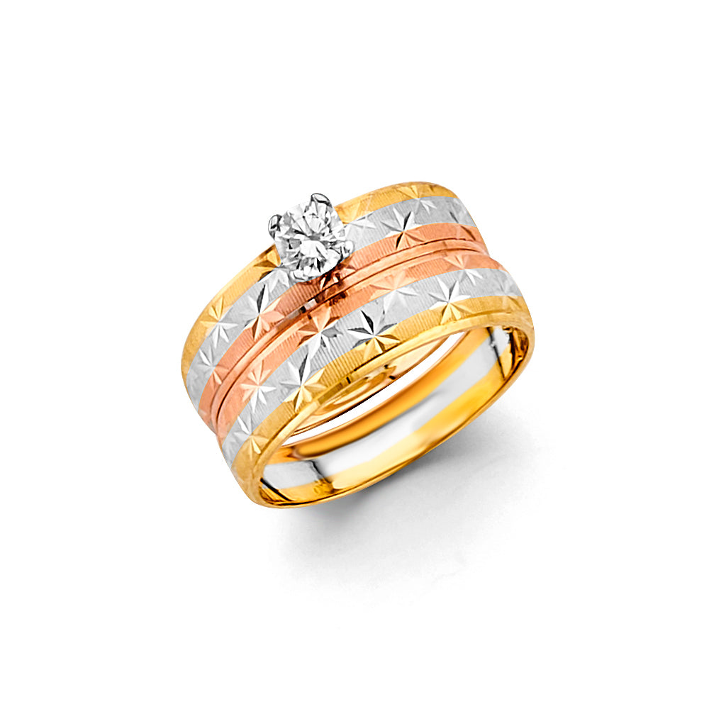 14K Tri-Color Yellow White Rose Gold Ladies Cubic Zirconia Engagement Ring