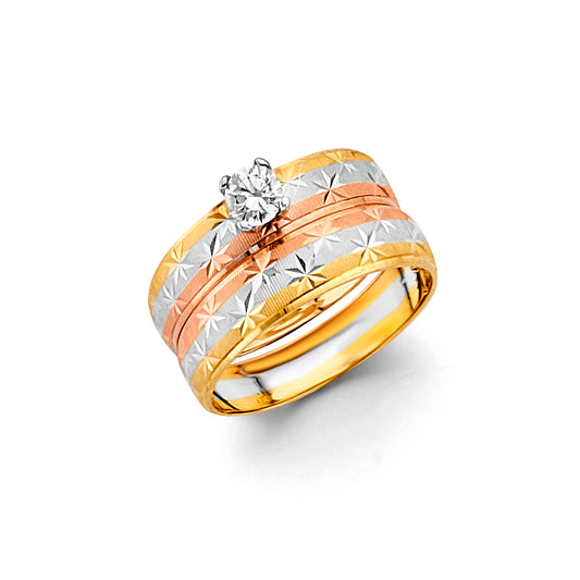 14K Tri-Color Yellow White Rose Gold Ladies Cubic Zirconia Engagement Ring