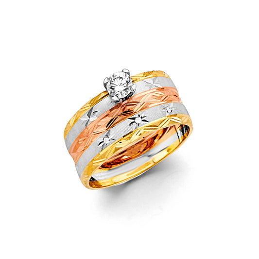 14K Tri-Color Yellow White Rose Gold Ladies Cubic Zirconia Engagement Ring