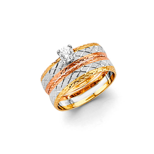 14K Tri-Color Yellow White Rose Gold Ladies Cubic Zirconia Engagement Ring