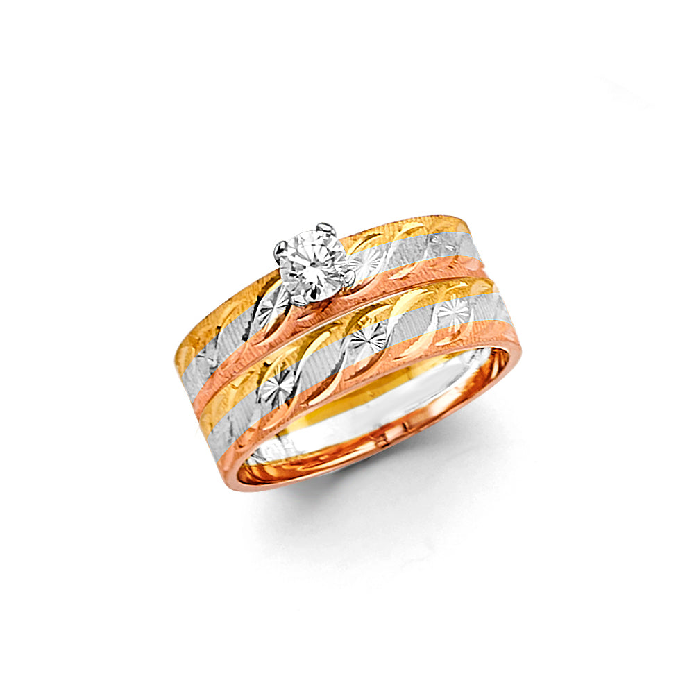 14K Tri-Color Gold Diamond-Cut CZ Women’s Engagement Ring - Wide Bridal Band