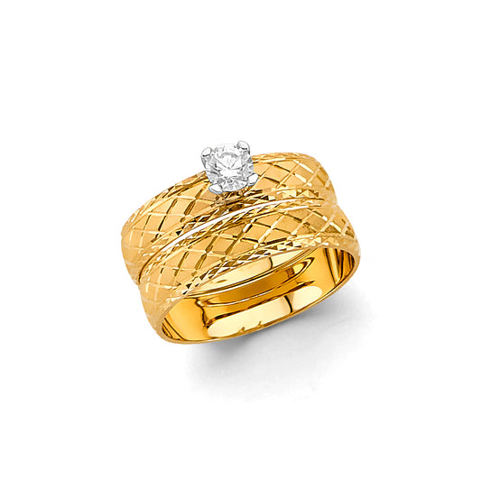 14K Yellow Gold Wide Textured Band CZ Engagement Ring for Women