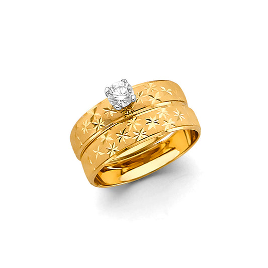 14K Yellow Gold Cubic Zirconia Starburst Wide Women's Engagement Ring