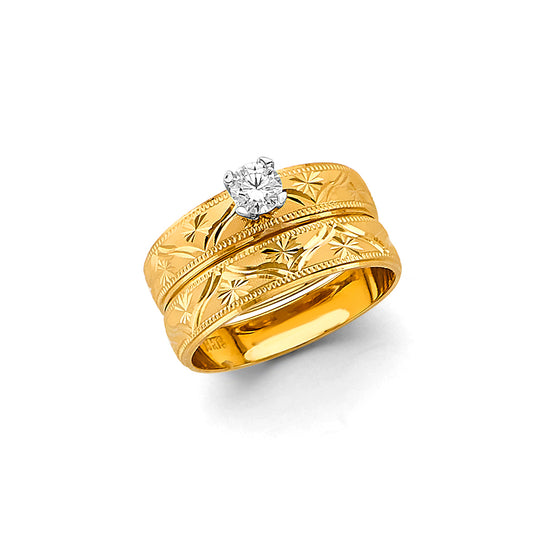 14K Yellow Gold Ladies CZ Engagement Ring - Vintage Star Pattern Band