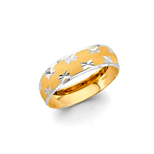 14K Two-Tone Yellow & White Gold Diamond-Cut Star Men's Wedding Band Ring