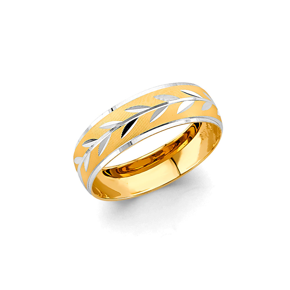 14K Two-Tone Gold Men's Wedding Band - Leaf Pattern Comfort Fit Ring