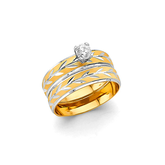 Women's 14K Two-Tone Gold Wedding Band Ring with Cubic Zirconia - Comfort Fit Leaf Design
