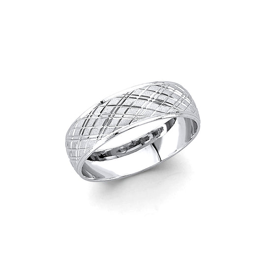 14K White Gold Diamond-Cut Pattern Men's Wedding Band Ring
