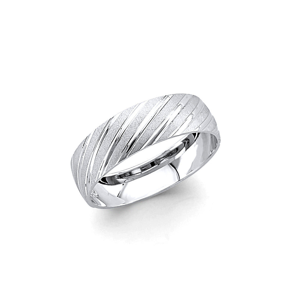 Silver ring with textured design on a white background