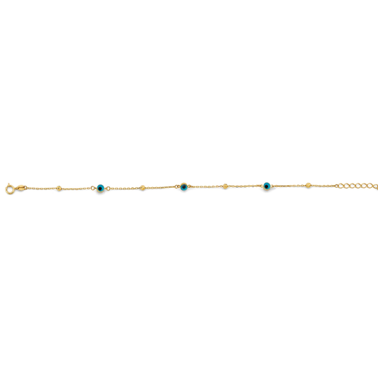14K Yellow Gold Sky Blue Evil Eye Charm Bracelet for Women