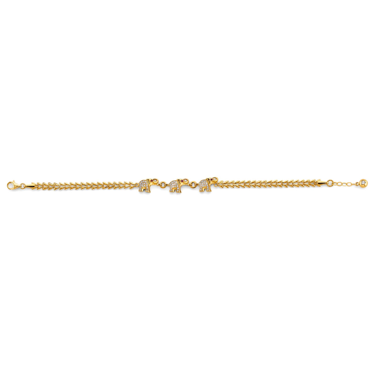 14K Yellow Gold Elephant Bracelet - Cubic Zirconia Animal Charm Link Bracelet