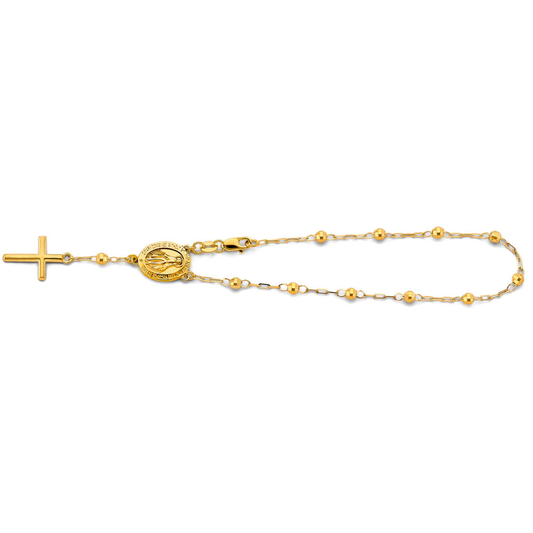14K Yellow Gold Miraculous Medal Rosary Bracelet with Virgin Mary - 3mm Beaded Cross