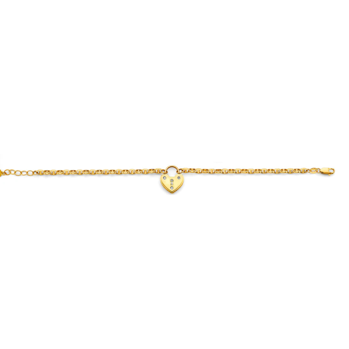 14K Yellow Gold Heart Lock Mariner Chain Bracelet - 7"+1" Adjustable (5.2g)
