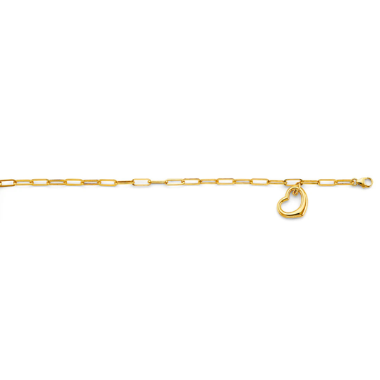 14K Yellow Gold Dangling Heart Paperclip Chain Bracelet for Women - 7.5"