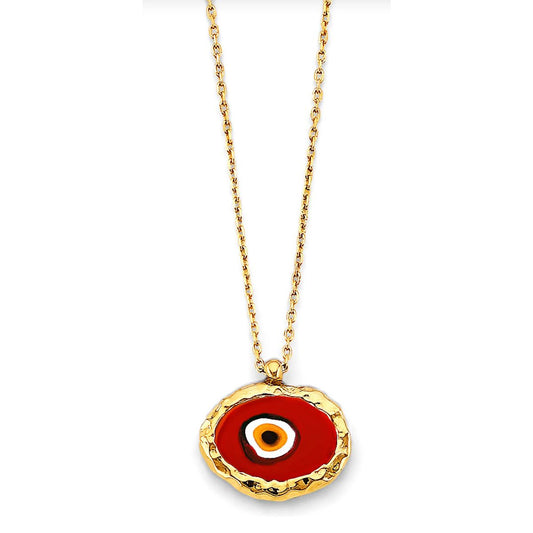 14K Solid Yellow Gold Unisex Fancy Red Evil Eye Necklace