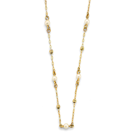 14K Yellow Gold Pearl & Diamond-Cut Bead Station Necklace