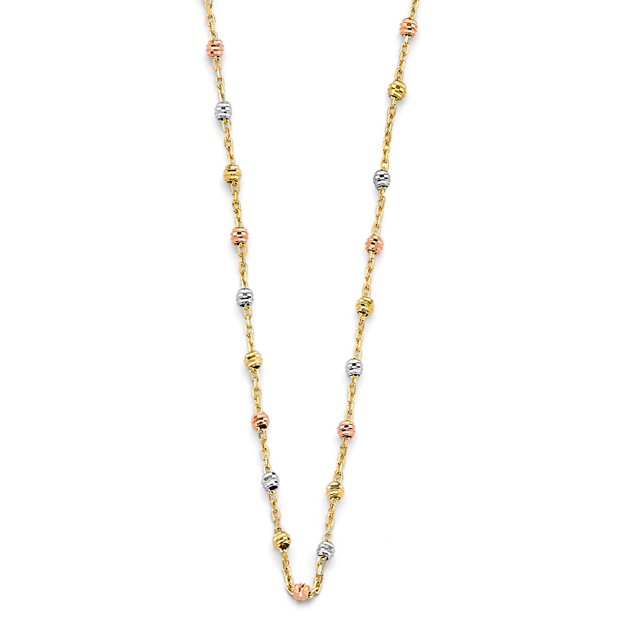 14K Tri-Color Gold Diamond-Cut Ball Chain Fancy Bead Necklace