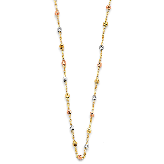 14K Tri-Color Gold Diamond-Cut Ball Chain Fancy Bead Necklace
