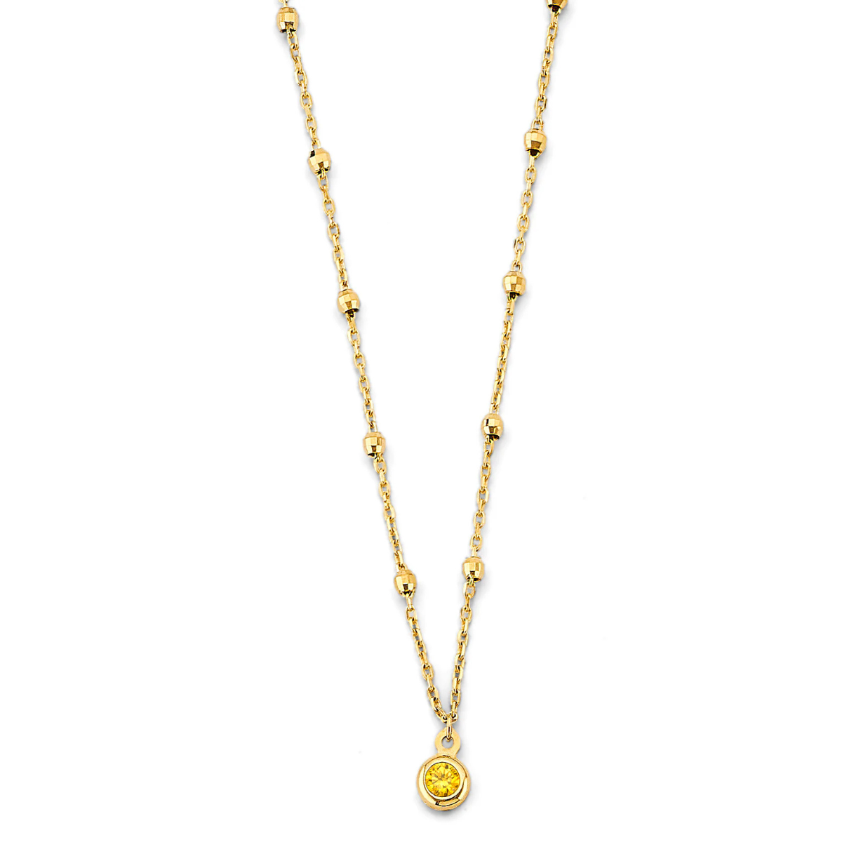 14K Yellow Gold CZ Charm Bead Station Necklace - Unisex Dainty Fine Jewelry