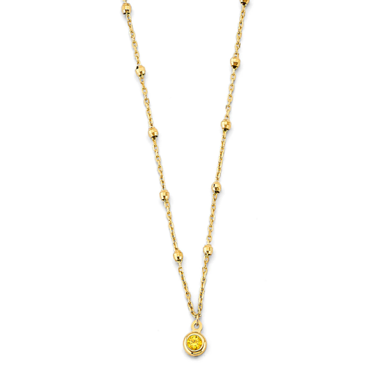 14K Yellow Gold CZ Charm Bead Station Necklace - Unisex Dainty Fine Jewelry
