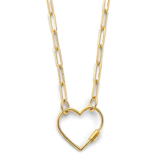 14K Solid Yellow Gold Open Heart Carabiner Lock Paperclip Chain Necklace