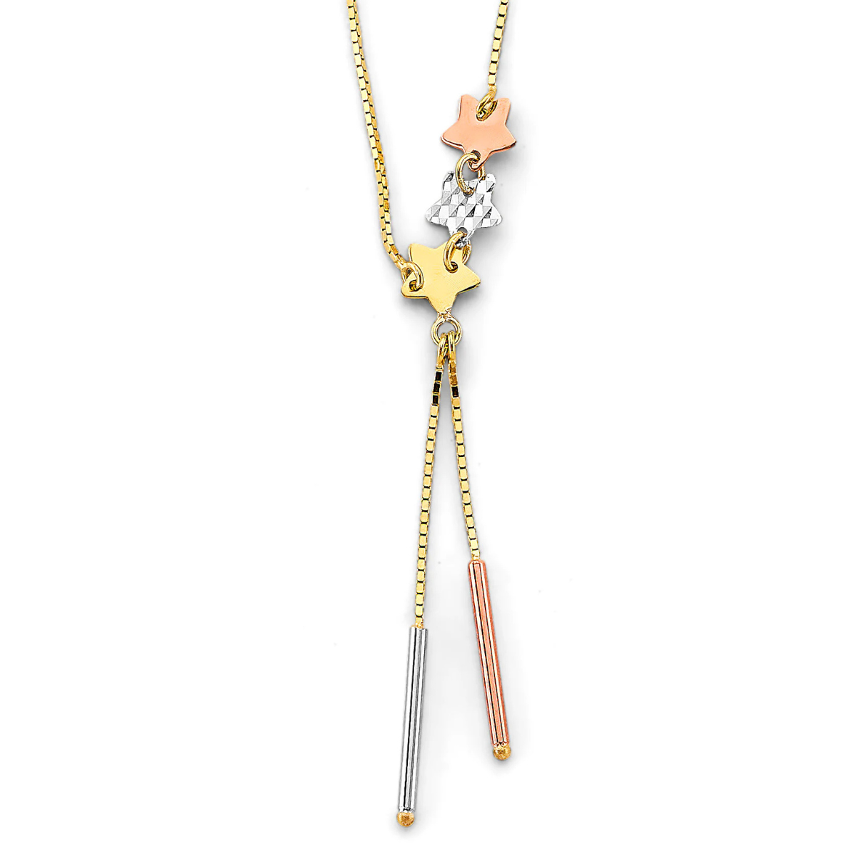 14K Tri-Color Gold String Bar Necklace with Stars for Women
