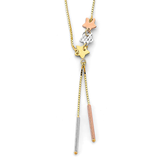 14K Tri-Color Gold String Bar Necklace with Stars for Women