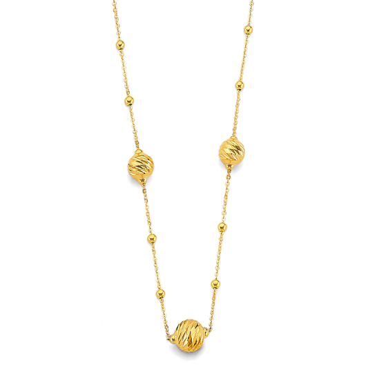 14K Yellow Gold Diamond-Cut Ball Station Necklace - Polished Bead Chain for Women