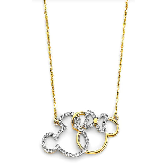 14K Yellow Gold Cubic Zirconia Two Cartoon Mice Pendant Necklace