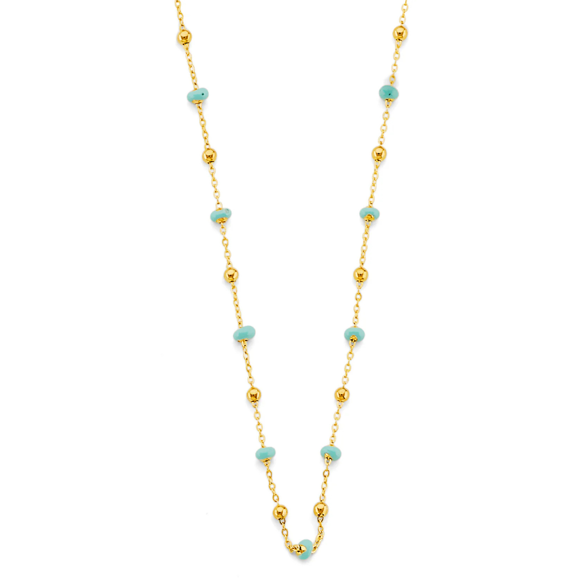 14K Yellow Gold Turquoise Enamel Bead Necklace - Dainty Colorful Beaded Chain for Women