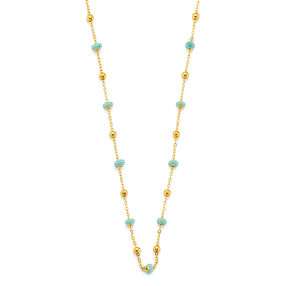14K Yellow Gold Turquoise Enamel Bead Necklace - Dainty Colorful Beaded Chain for Women