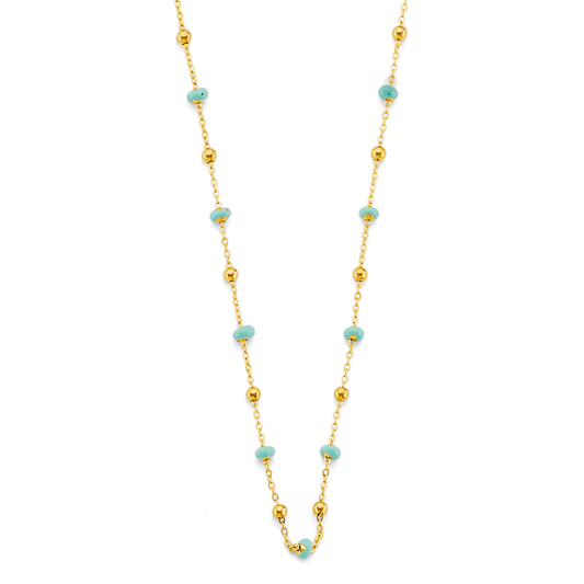 14K Yellow Gold Turquoise Enamel Bead Necklace - Dainty Colorful Beaded Chain for Women